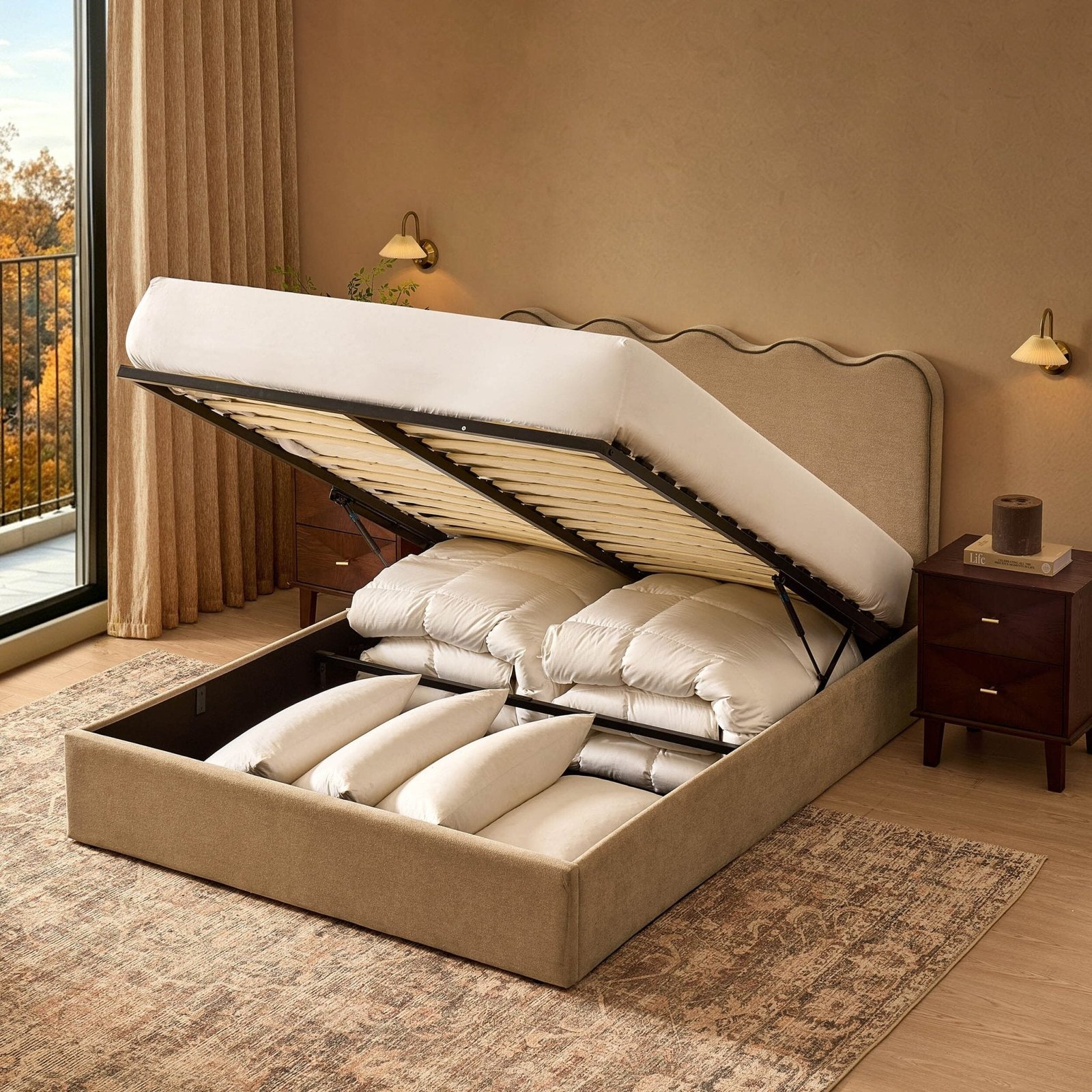 LiomoraWavy Ottoman Storage Bed - Chenille Oatmeal - Image 7