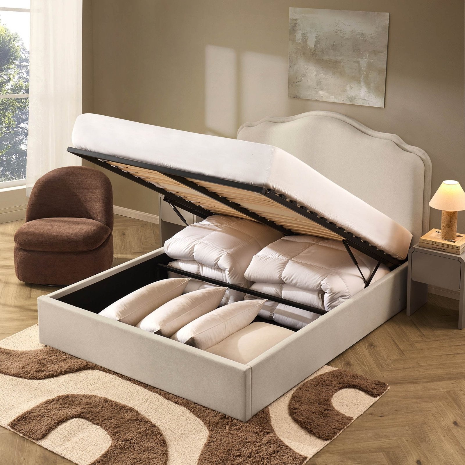 LiomoraWiltshire Ottoman Storage Bed - Cream Linen - Image 4
